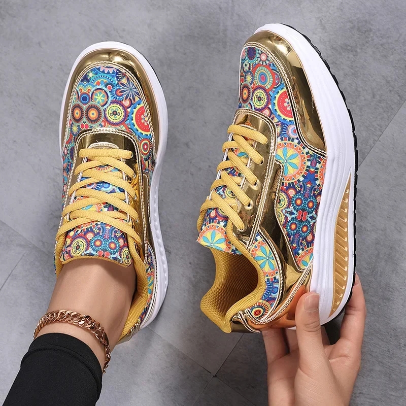 women's gold printed rocker bottom sneakers (copy)