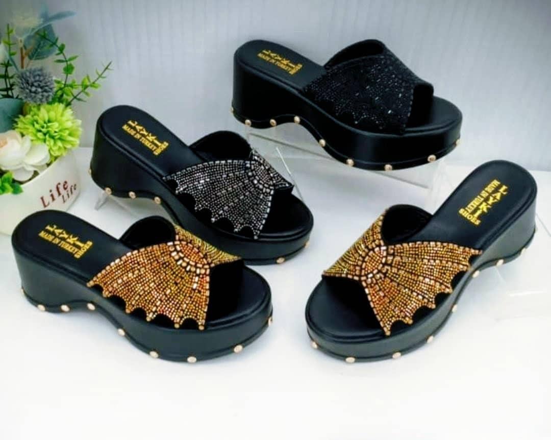 Embellished Wedge Platform Slides